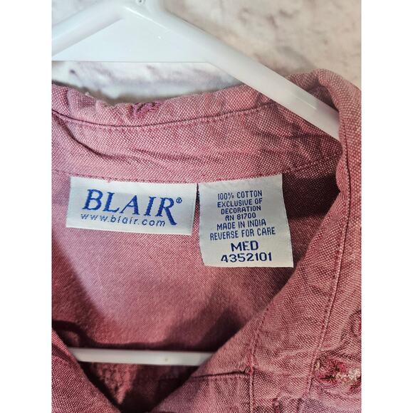 Blair Women's Button Front Shirt Dusty Rose Embroidered Collar Pocket Med - Picture 5 of 9